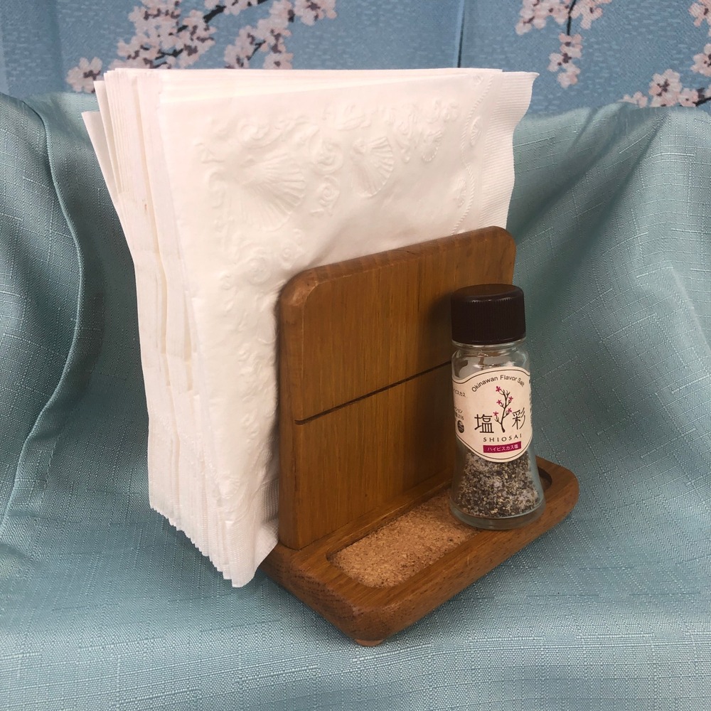 Kamenstein Vintage Wood Napkin Holder with Salt Pepper Shaker Tray Cork Inlay